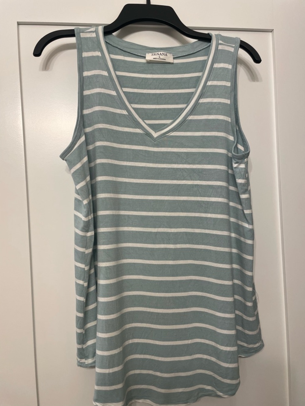 Zenana Outfitters Striped V-Neck Tank Top - Sage Green & White